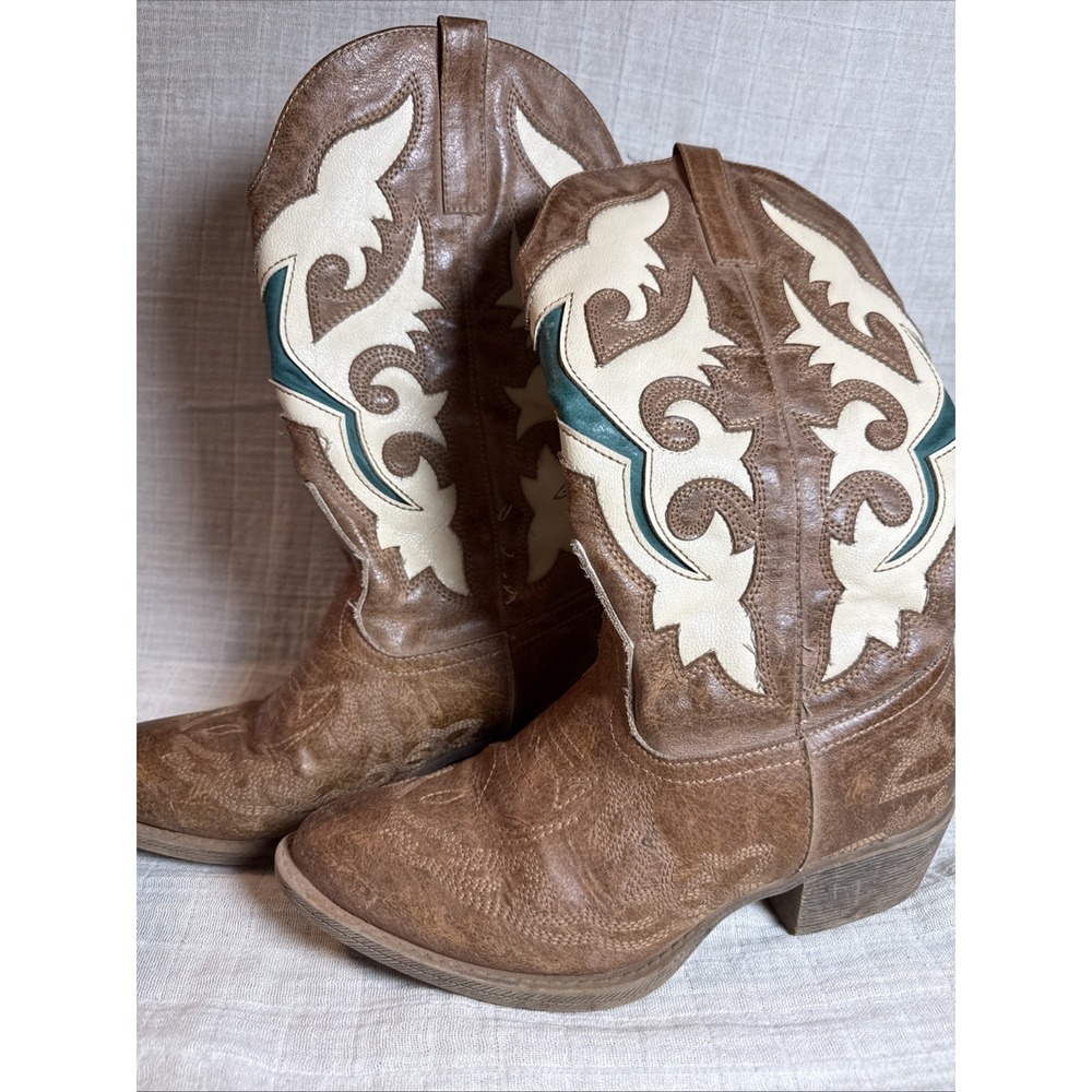 Stampede 2 Western Boot Snip Toe Turquoise‎ Ivory Womens 7.5 Cowboy Boots